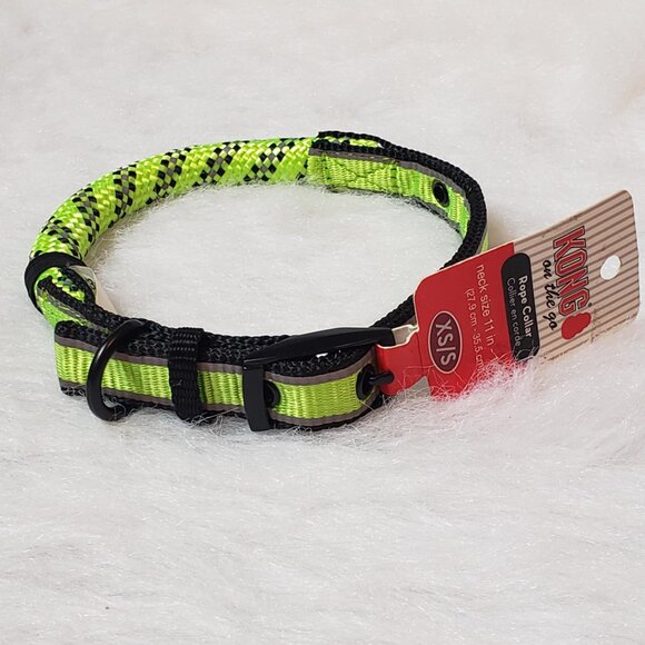KONG XS/S Green & Black Reflective Dog Collar + 4 Ft Comfort Grip Rope Leash - Picture 2 of 16